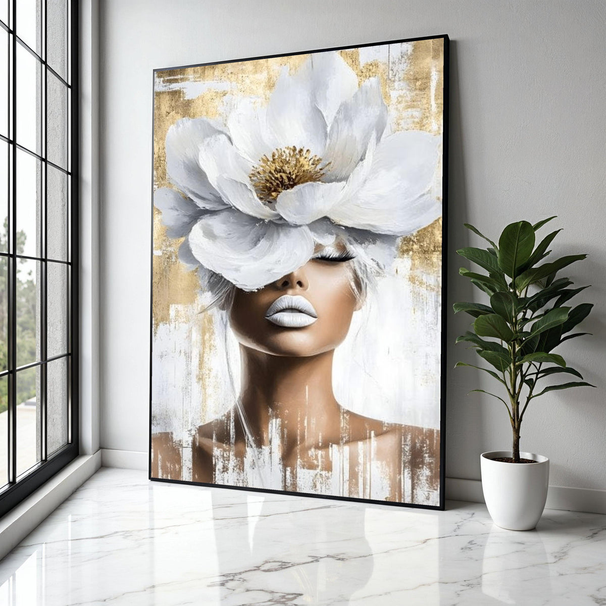 Elegant Woman Portrait Canvas, White Flower Headpiece Wall Art, Modern Feminine Decor, Abstract Beauty Canvas, Gift Art, Home Decor, Print