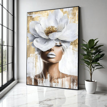 Elegant Woman Portrait Canvas, White Flower Headpiece Wall Art, Modern Feminine Decor, Abstract Beauty Canvas, Gift Art, Home Decor, Print