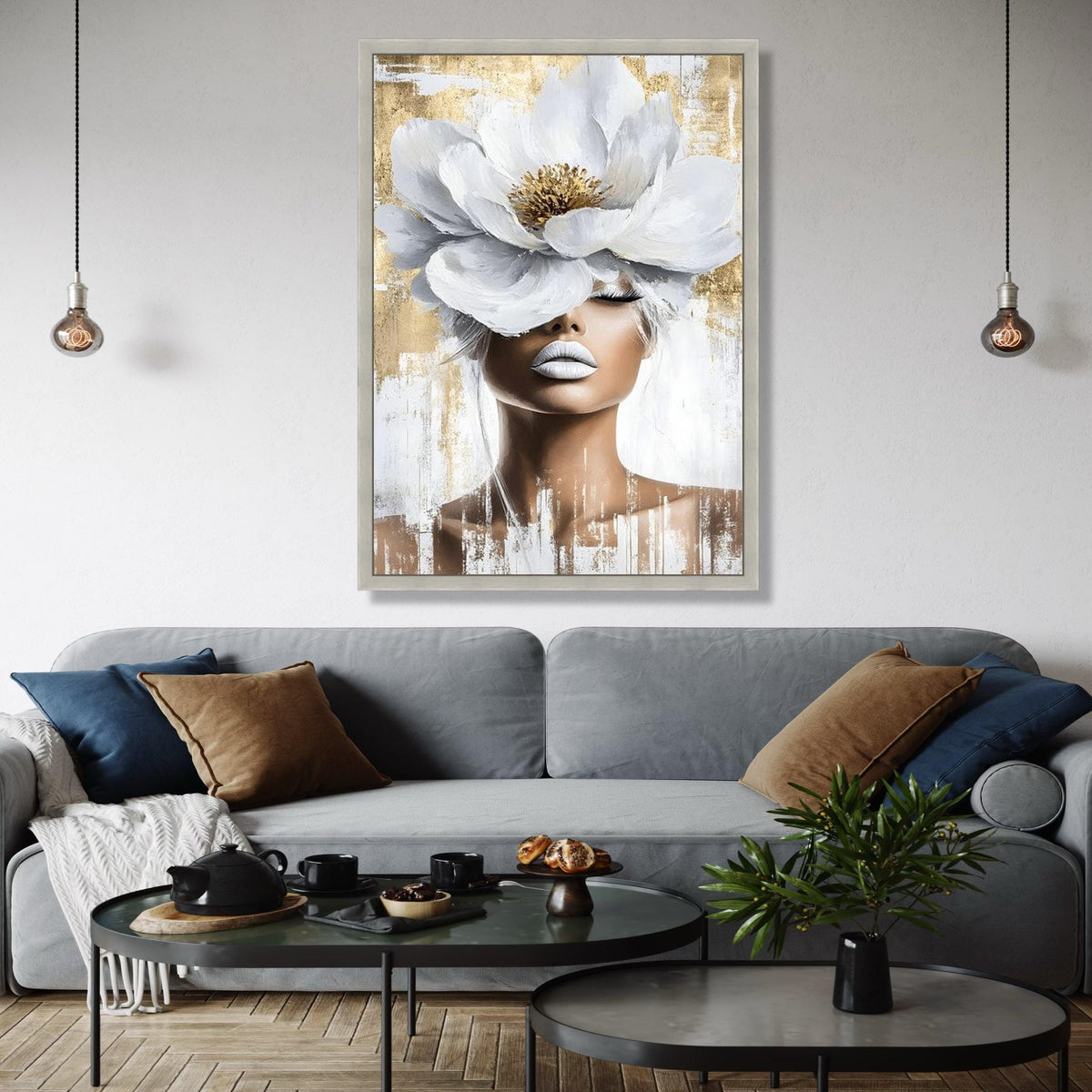 Elegant Woman Portrait Canvas, White Flower Headpiece Wall Art, Modern Feminine Decor, Abstract Beauty Canvas, Gift Art, Home Decor, Print