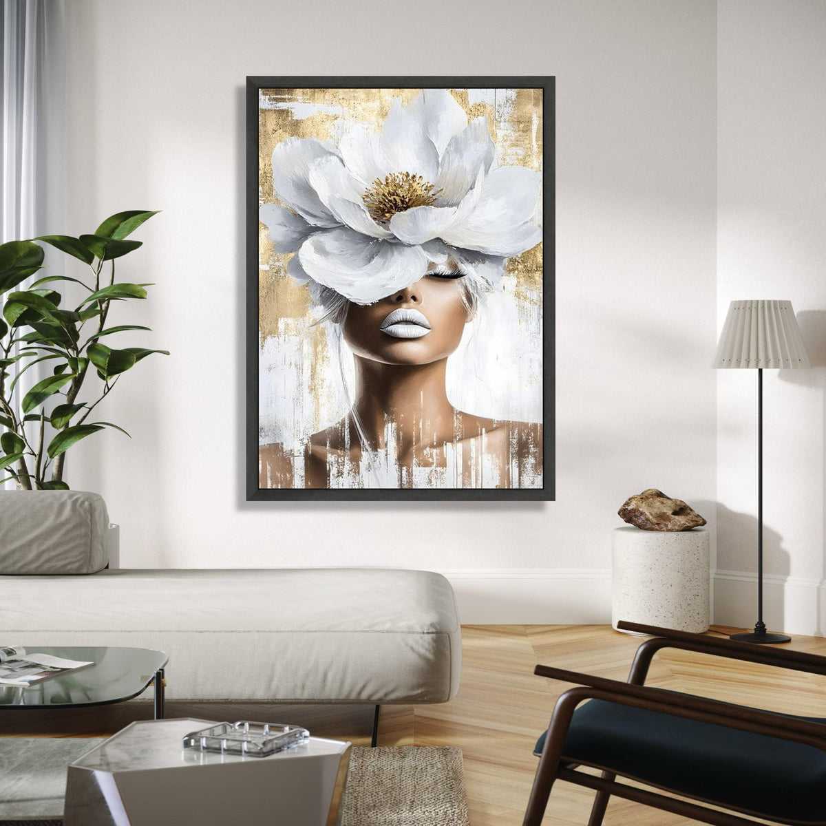 Elegant Woman Portrait Canvas, White Flower Headpiece Wall Art, Modern Feminine Decor, Abstract Beauty Canvas, Gift Art, Home Decor, Print