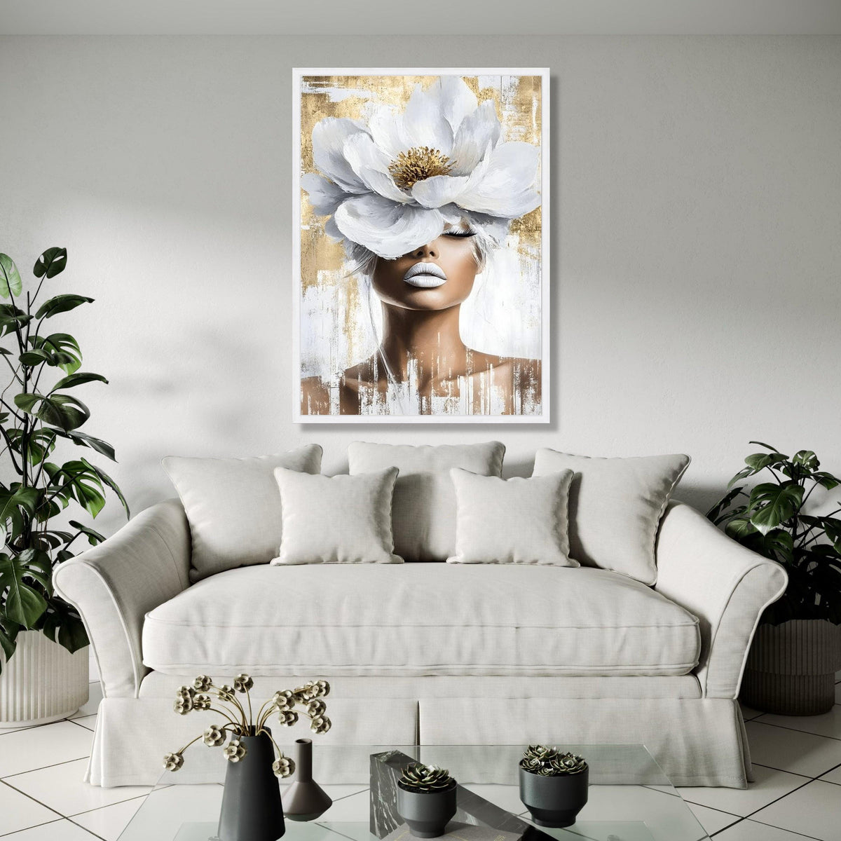 Elegant Woman Portrait Canvas, White Flower Headpiece Wall Art, Modern Feminine Decor, Abstract Beauty Canvas, Gift Art, Home Decor, Print