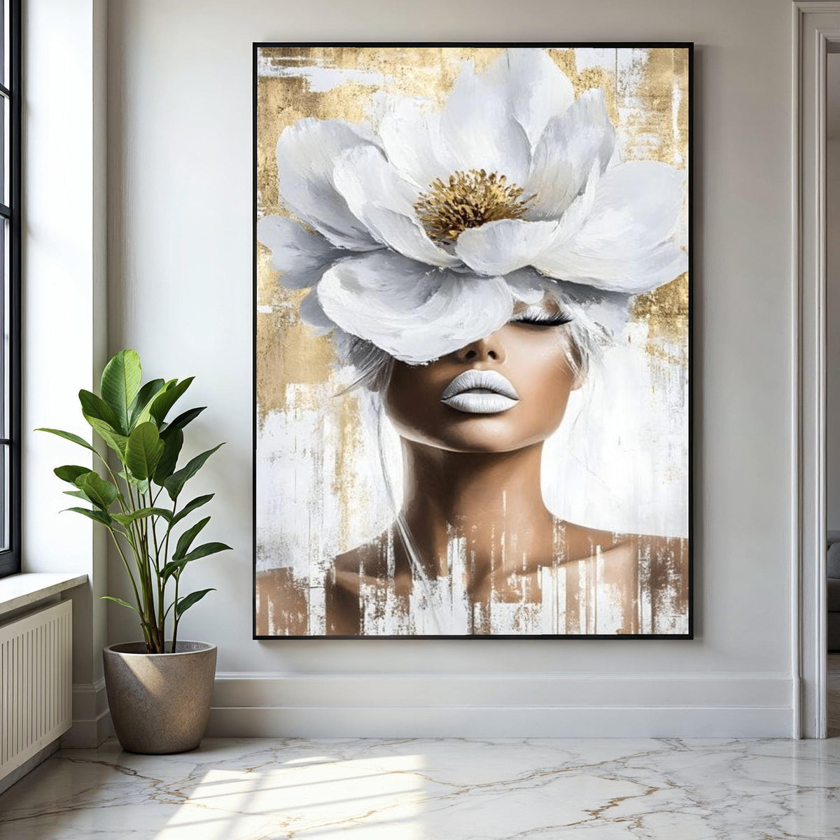 Elegant Woman Portrait Canvas, White Flower Headpiece Wall Art, Modern Feminine Decor, Abstract Beauty Canvas, Gift Art, Home Decor, Print