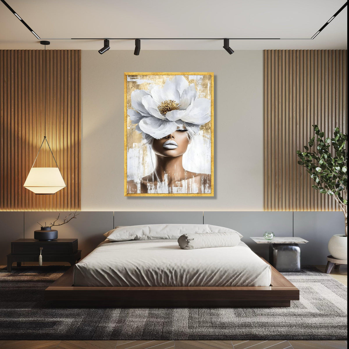 Elegant Woman Portrait Canvas, White Flower Headpiece Wall Art, Modern Feminine Decor, Abstract Beauty Canvas, Gift Art, Home Decor, Print