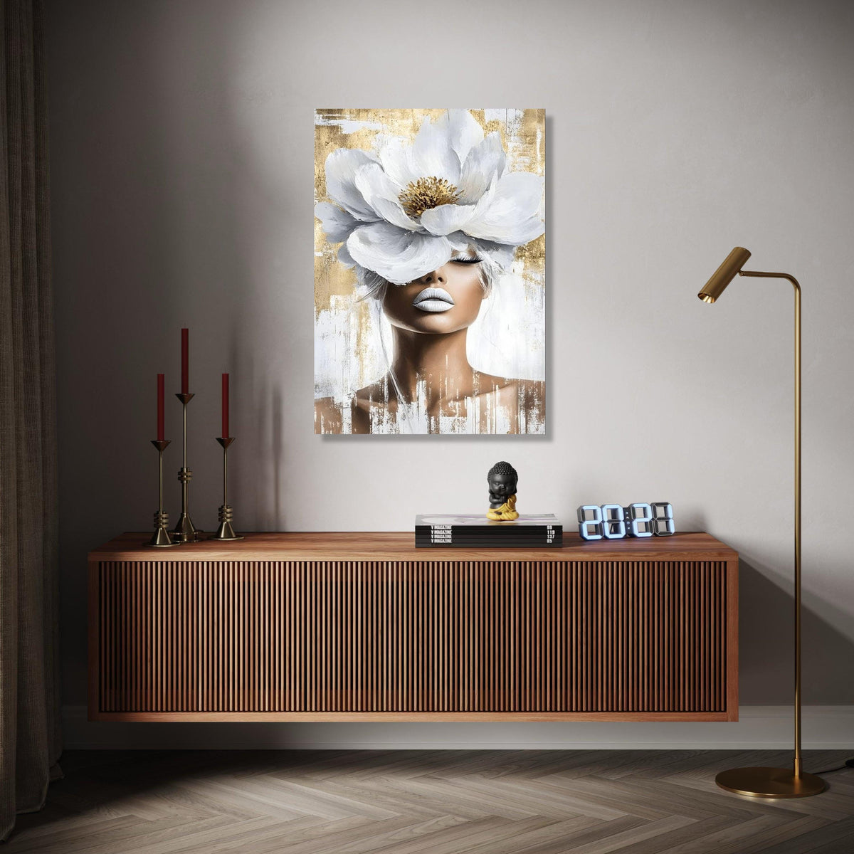 Elegant Woman Portrait Canvas, White Flower Headpiece Wall Art, Modern Feminine Decor, Abstract Beauty Canvas, Gift Art, Home Decor, Print