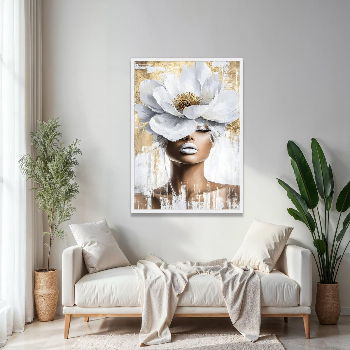 Elegant Woman Portrait Canvas, White Flower Headpiece Wall Art, Modern Feminine Decor, Abstract Beauty Canvas, Gift Art, Home Decor, Print