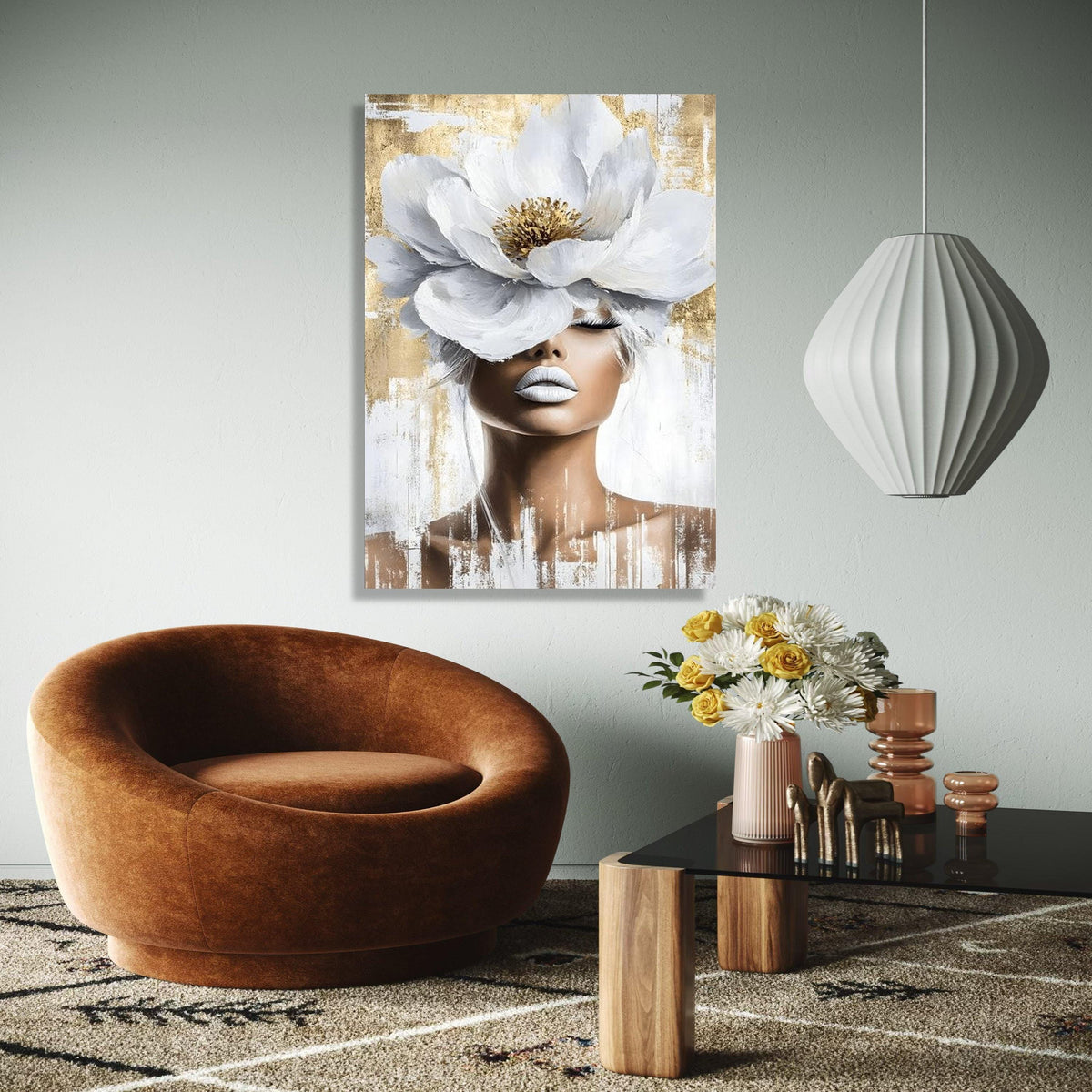 Elegant Woman Portrait Canvas, White Flower Headpiece Wall Art, Modern Feminine Decor, Abstract Beauty Canvas, Gift Art, Home Decor, Print