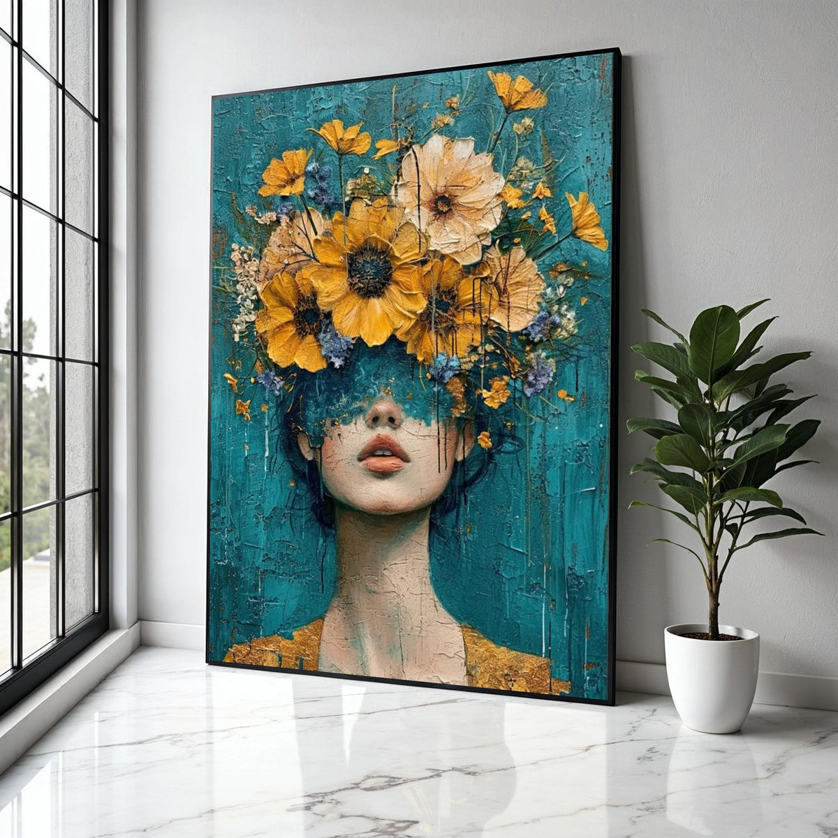 Abstract Woman Portrait with Yellow Flowers Canvas, Modern Floral Wall Art, Blue Background, Decorative Home Gift Art, Home Decor, Print