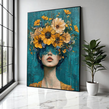 Abstract Woman Portrait with Yellow Flowers Canvas, Modern Floral Wall Art, Blue Background, Decorative Home Gift Art, Home Decor, Print