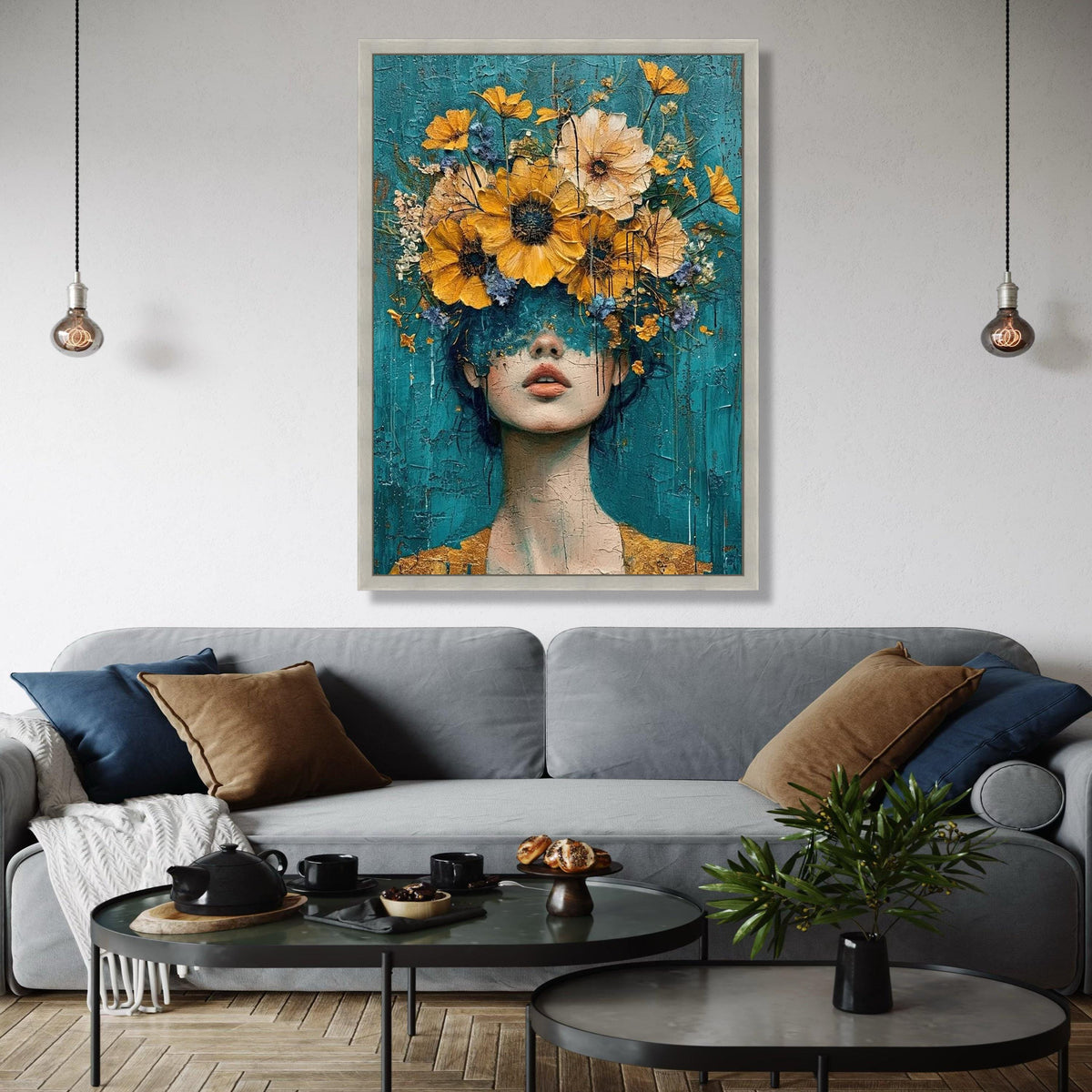 Abstract Woman Portrait with Yellow Flowers Canvas, Modern Floral Wall Art, Blue Background, Decorative Home Gift Art, Home Decor, Print