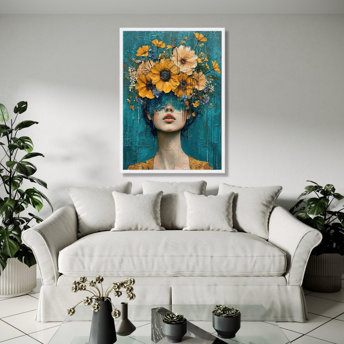 Abstract Woman Portrait with Yellow Flowers Canvas, Modern Floral Wall Art, Blue Background, Decorative Home Gift Art, Home Decor, Print