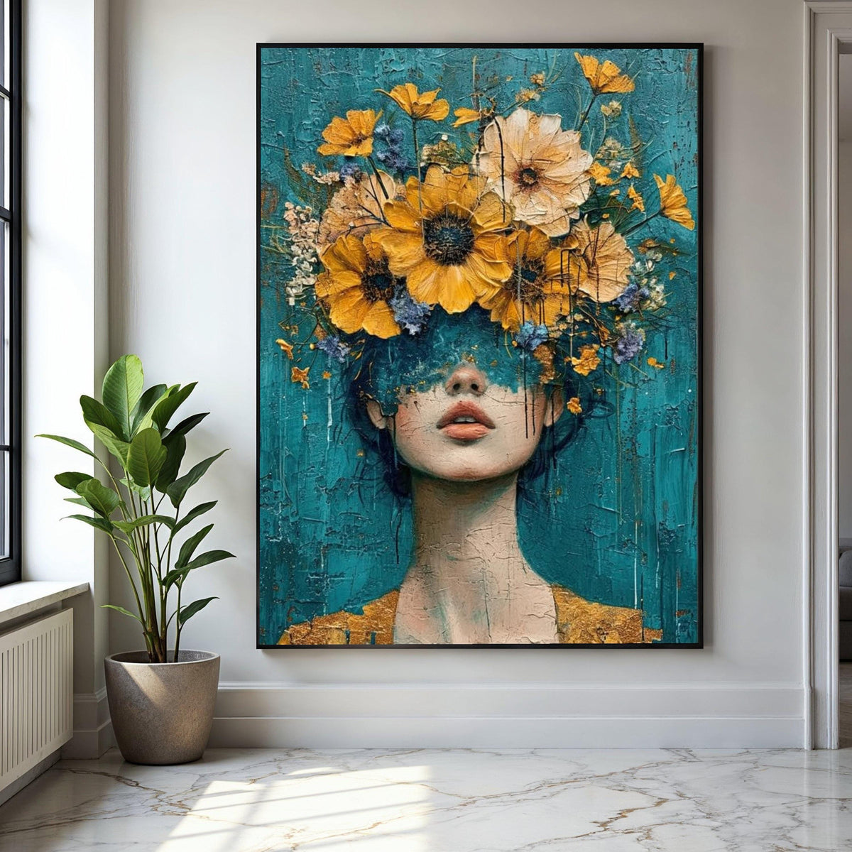 Abstract Woman Portrait with Yellow Flowers Canvas, Modern Floral Wall Art, Blue Background, Decorative Home Gift Art, Home Decor, Print