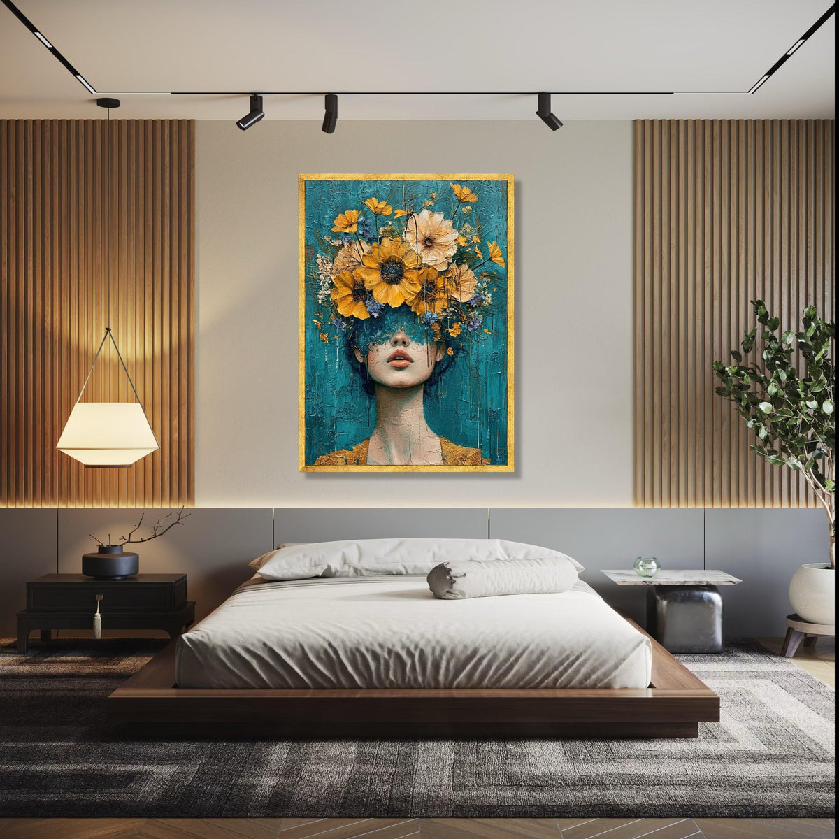 Abstract Woman Portrait with Yellow Flowers Canvas, Modern Floral Wall Art, Blue Background, Decorative Home Gift Art, Home Decor, Print