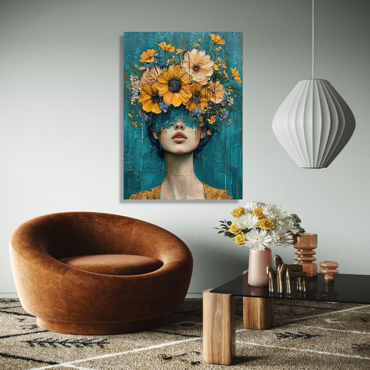 Abstract Woman Portrait with Yellow Flowers Canvas, Modern Floral Wall Art, Blue Background, Decorative Home Gift Art, Home Decor, Print