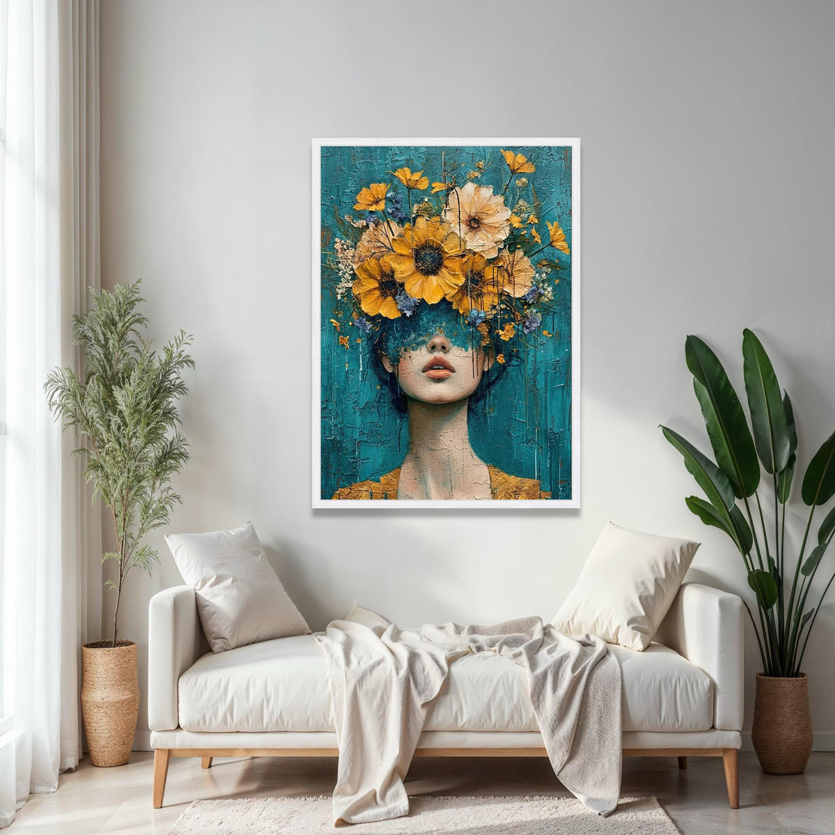 Abstract Woman Portrait with Yellow Flowers Canvas, Modern Floral Wall Art, Blue Background, Decorative Home Gift Art, Home Decor, Print