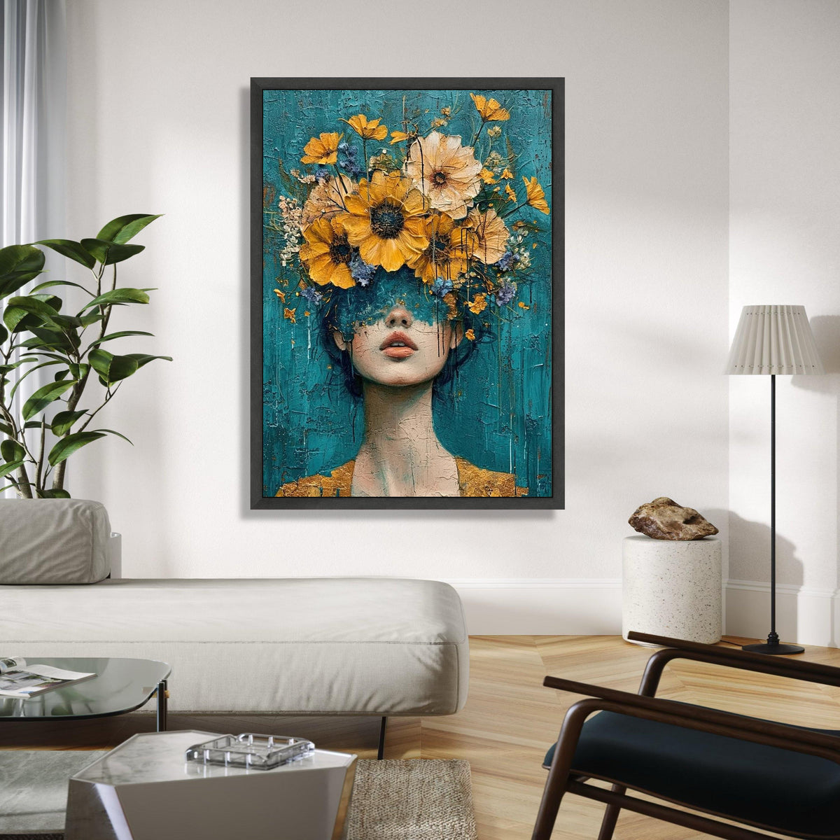 Abstract Woman Portrait with Yellow Flowers Canvas, Modern Floral Wall Art, Blue Background, Decorative Home Gift Art, Home Decor, Print