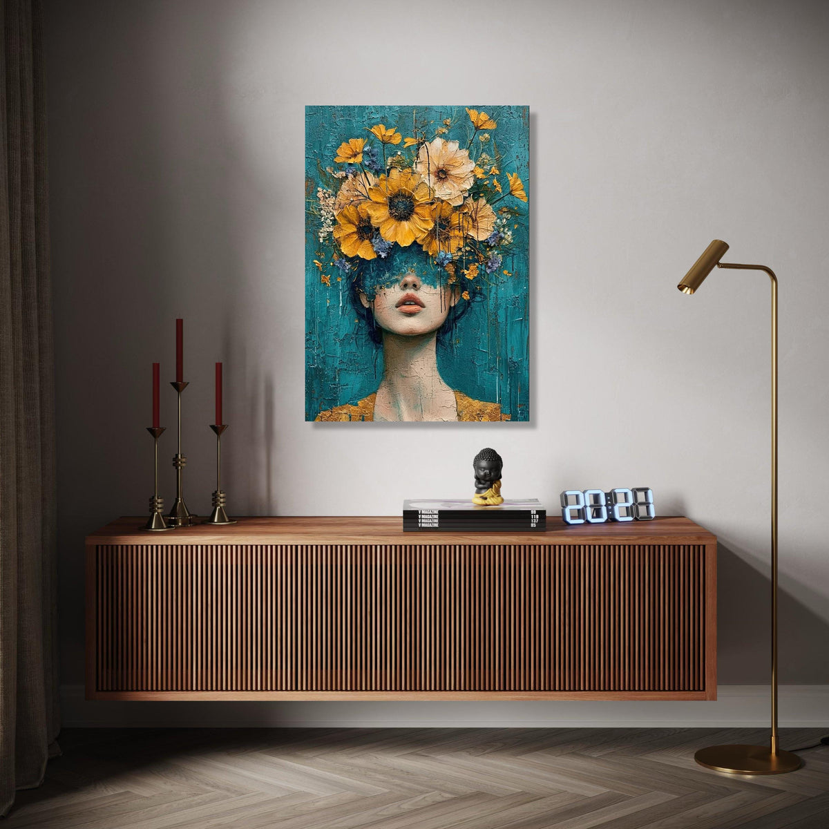 Abstract Woman Portrait with Yellow Flowers Canvas, Modern Floral Wall Art, Blue Background, Decorative Home Gift Art, Home Decor, Print