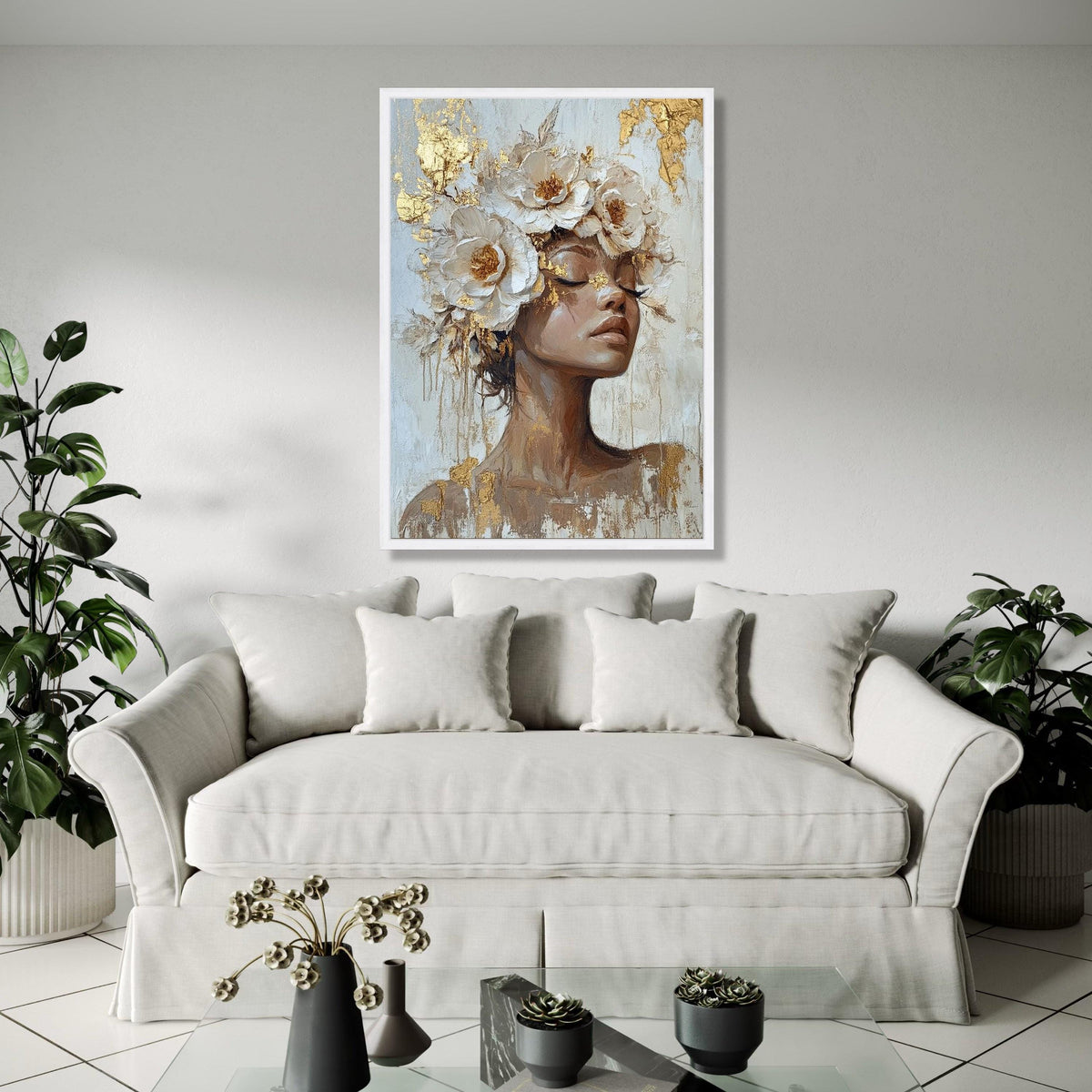 Elegant Female Portrait Canvas, Floral Headpiece Wall Art, Modern Art Painting, Gold Leaf Accents, Feminine Home Gift Art, Home Decor, Print