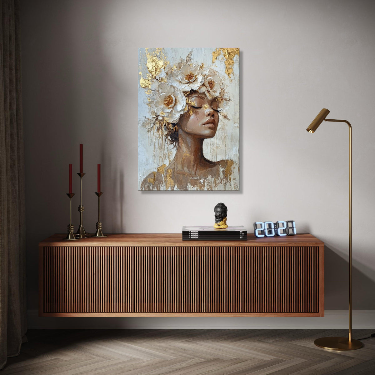 Elegant Female Portrait Canvas, Floral Headpiece Wall Art, Modern Art Painting, Gold Leaf Accents, Feminine Home Gift Art, Home Decor, Print