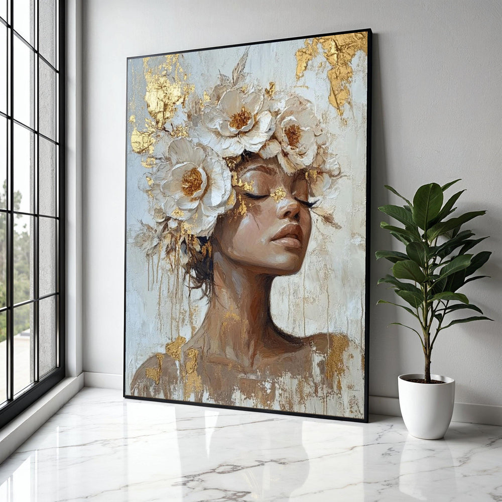 Elegant Female Portrait Canvas, Floral Headpiece Wall Art, Modern Art Painting, Gold Leaf Accents, Feminine Home Gift Art, Home Decor, Print
