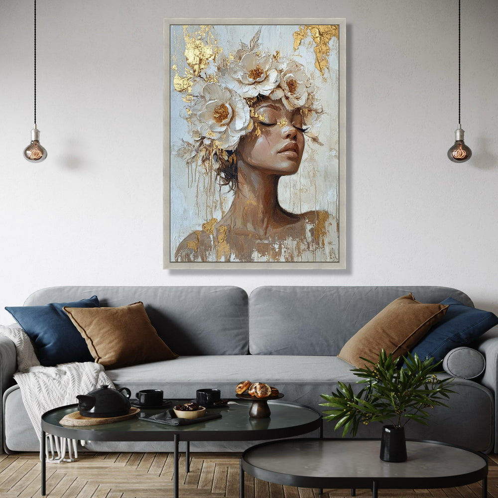 Elegant Female Portrait Canvas, Floral Headpiece Wall Art, Modern Art Painting, Gold Leaf Accents, Feminine Home Gift Art, Home Decor, Print