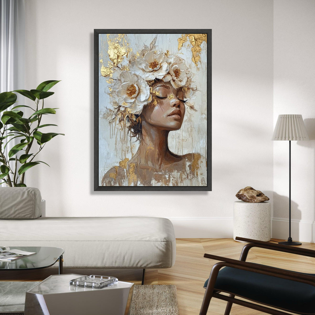 Elegant Female Portrait Canvas, Floral Headpiece Wall Art, Modern Art Painting, Gold Leaf Accents, Feminine Home Gift Art, Home Decor, Print