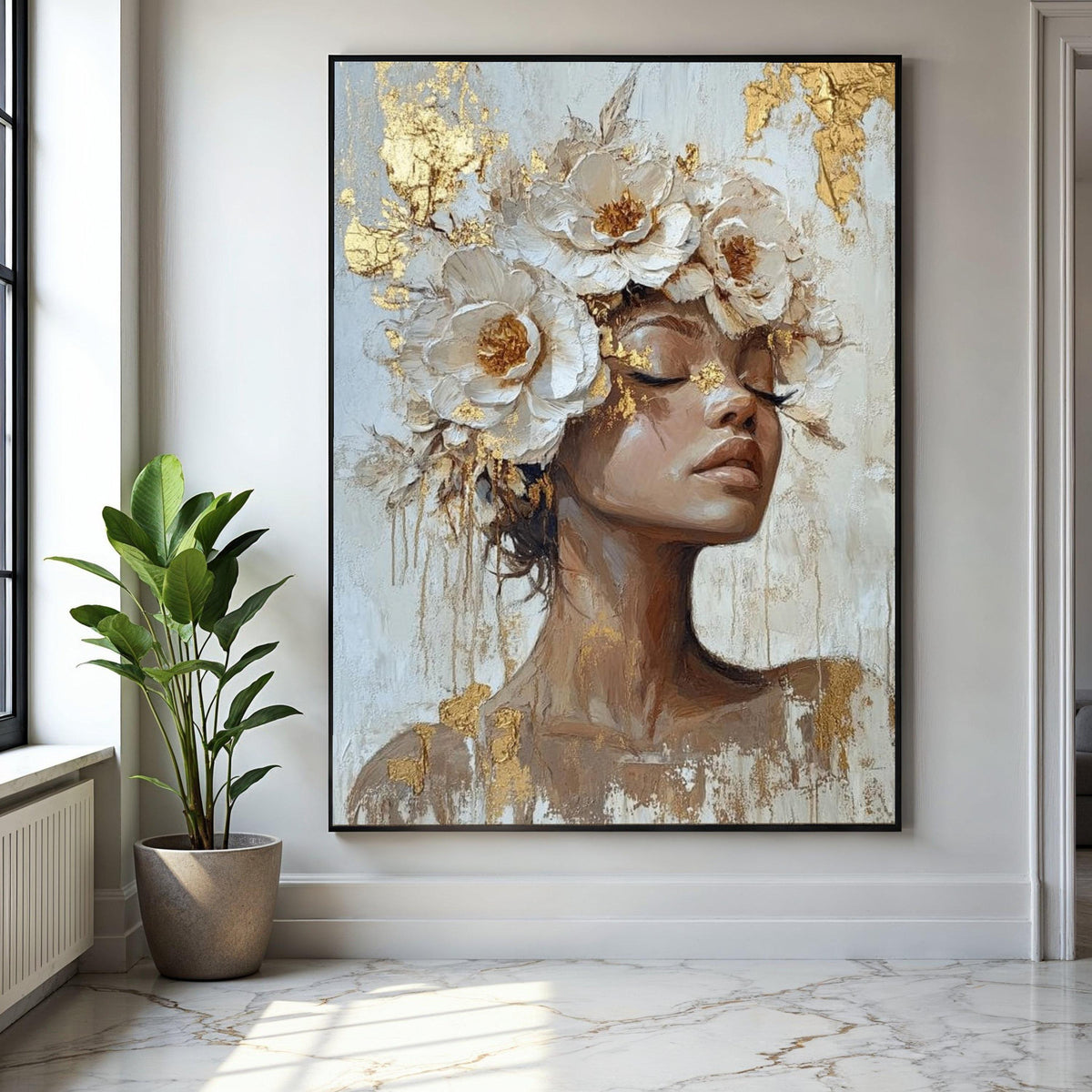 Elegant Female Portrait Canvas, Floral Headpiece Wall Art, Modern Art Painting, Gold Leaf Accents, Feminine Home Gift Art, Home Decor, Print