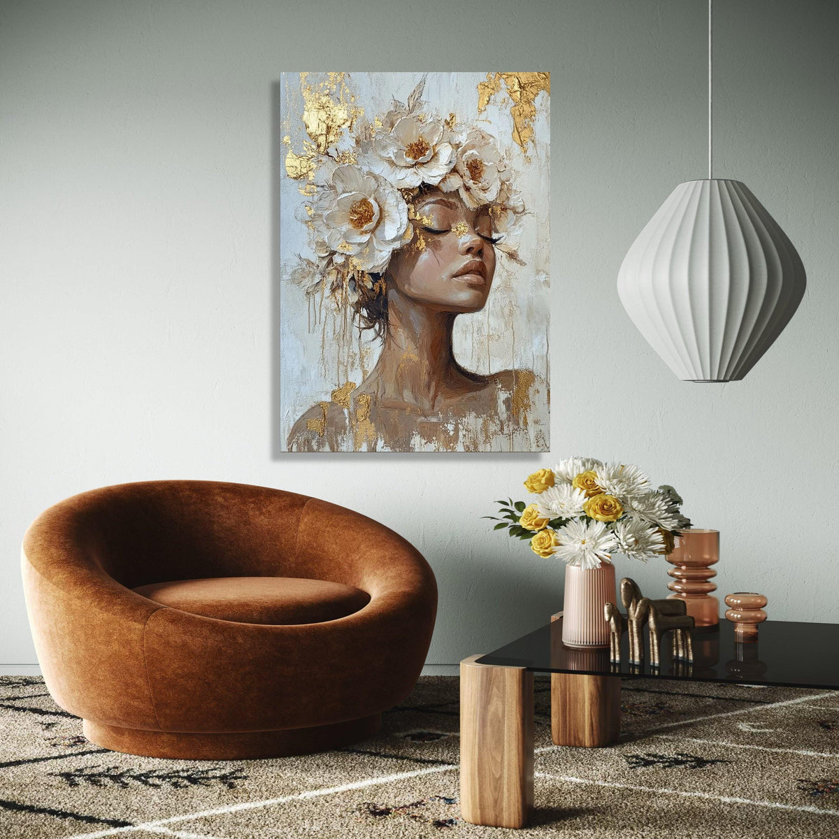 Elegant Female Portrait Canvas, Floral Headpiece Wall Art, Modern Art Painting, Gold Leaf Accents, Feminine Home Gift Art, Home Decor, Print