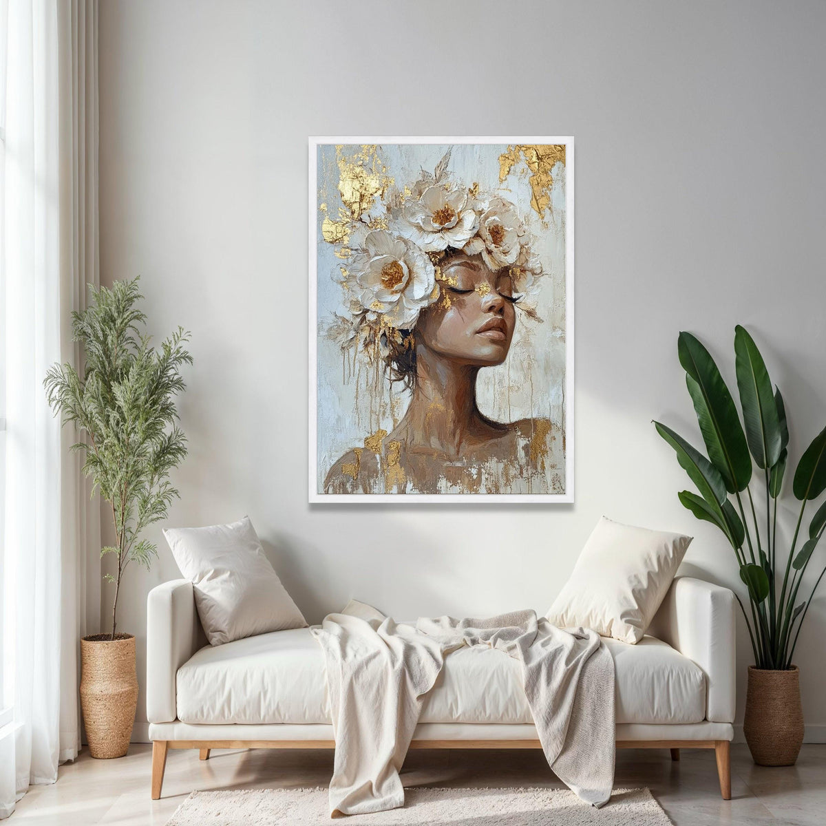 Elegant Female Portrait Canvas, Floral Headpiece Wall Art, Modern Art Painting, Gold Leaf Accents, Feminine Home Gift Art, Home Decor, Print