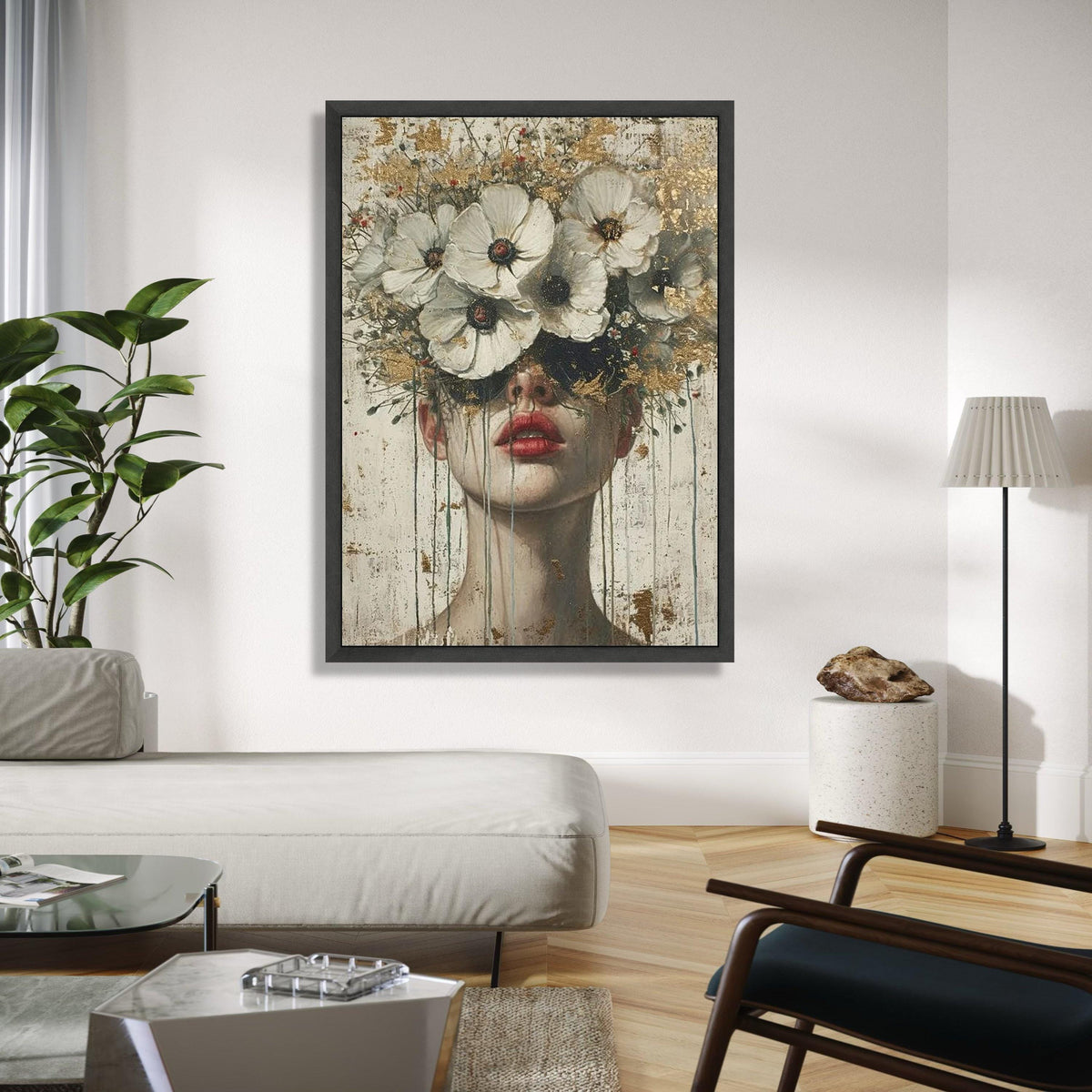 Abstract Woman Portrait Canvas, Floral Crown Wall Art, Contemporary Face Painting, Modern Decorative Canvas, Gift Art, Home Decor, Print