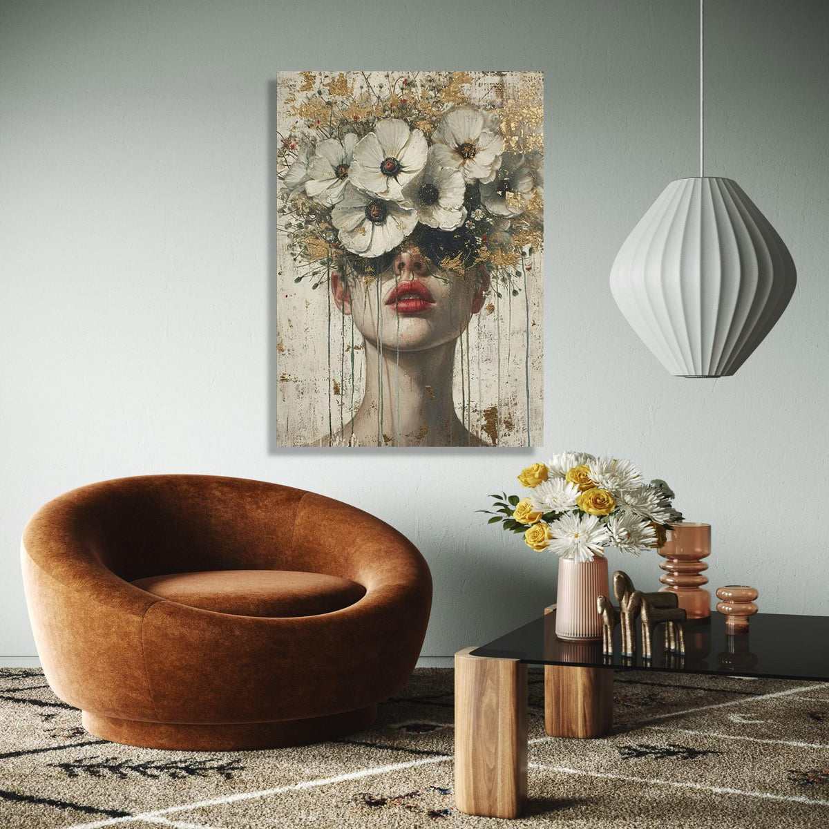 Abstract Woman Portrait Canvas, Floral Crown Wall Art, Contemporary Face Painting, Modern Decorative Canvas, Gift Art, Home Decor, Print