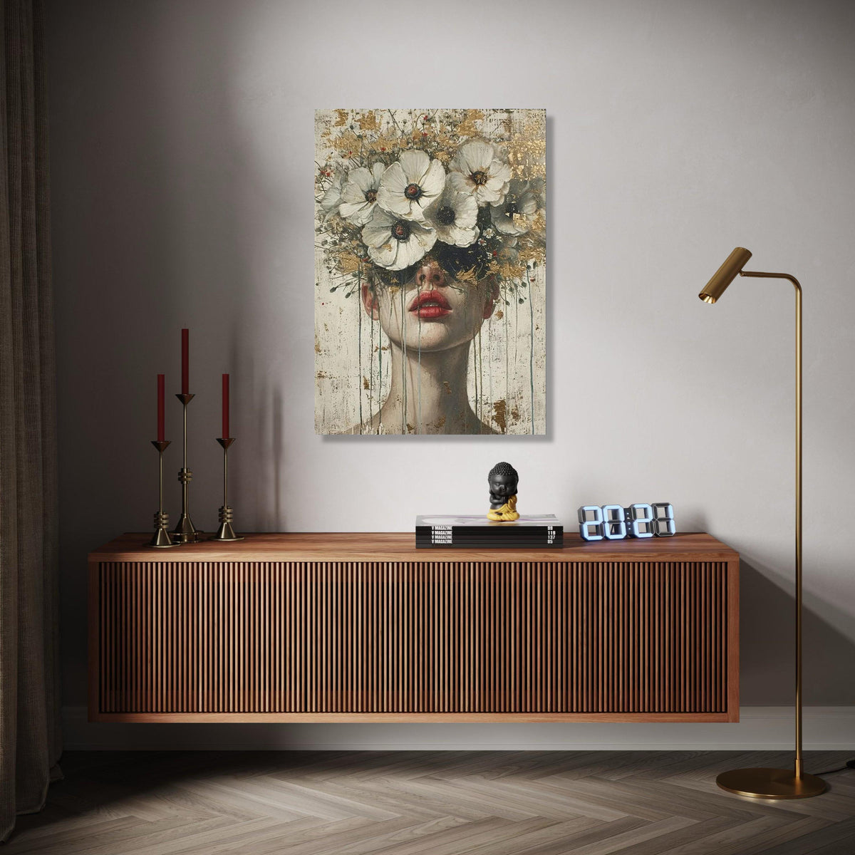 Abstract Woman Portrait Canvas, Floral Crown Wall Art, Contemporary Face Painting, Modern Decorative Canvas, Gift Art, Home Decor, Print