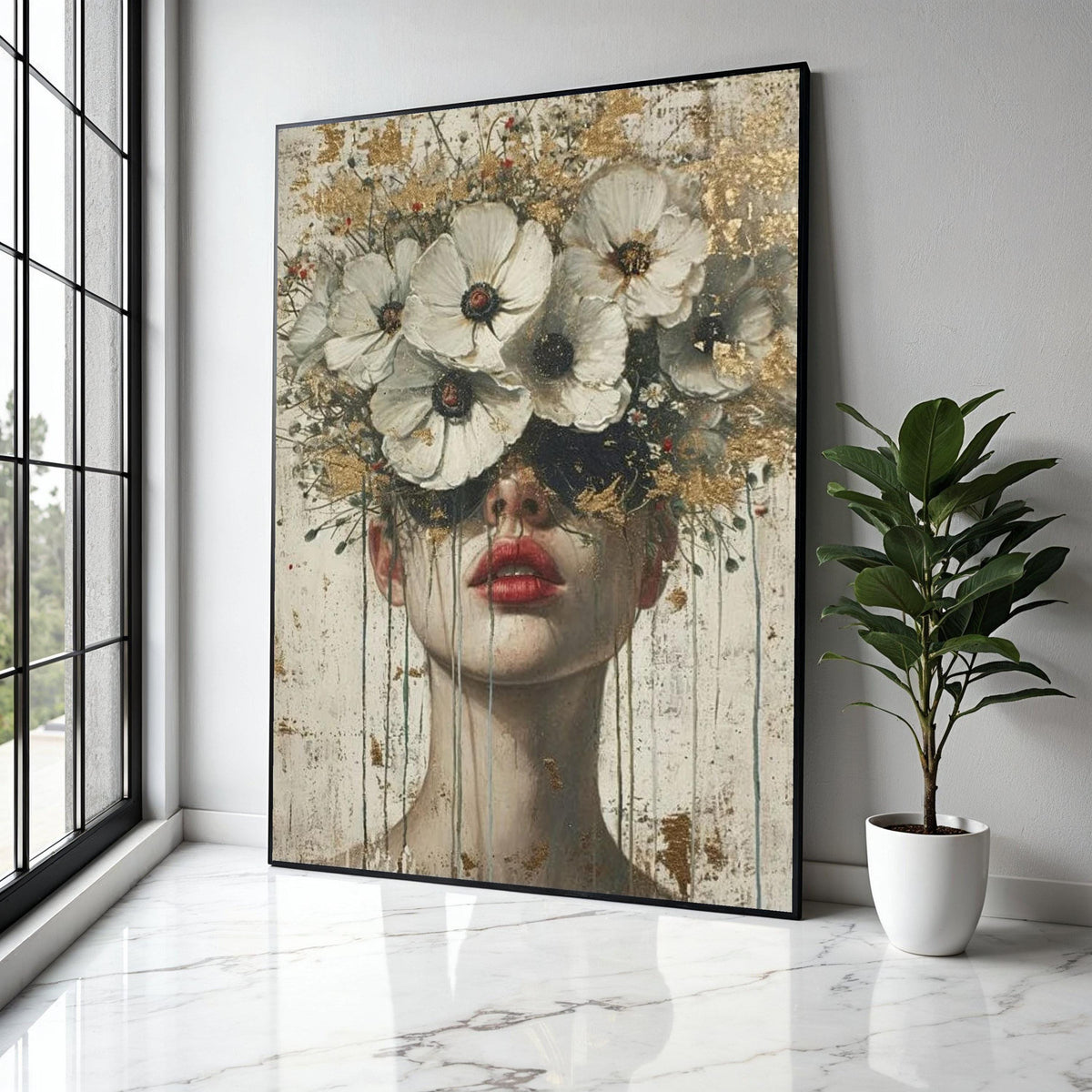 Abstract Woman Portrait Canvas, Floral Crown Wall Art, Contemporary Face Painting, Modern Decorative Canvas, Gift Art, Home Decor, Print
