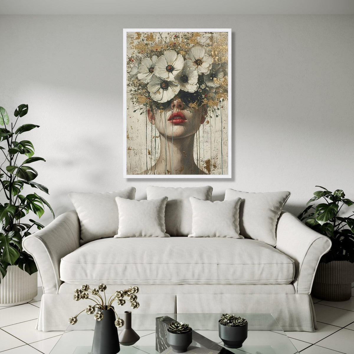 Abstract Woman Portrait Canvas, Floral Crown Wall Art, Contemporary Face Painting, Modern Decorative Canvas, Gift Art, Home Decor, Print