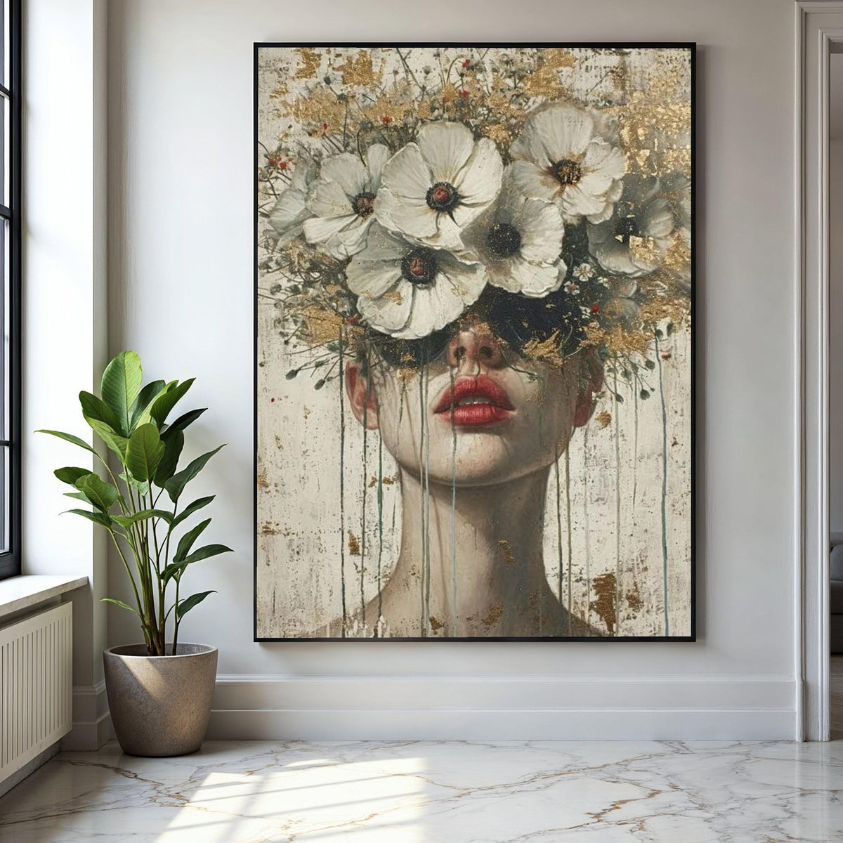 Abstract Woman Portrait Canvas, Floral Crown Wall Art, Contemporary Face Painting, Modern Decorative Canvas, Gift Art, Home Decor, Print