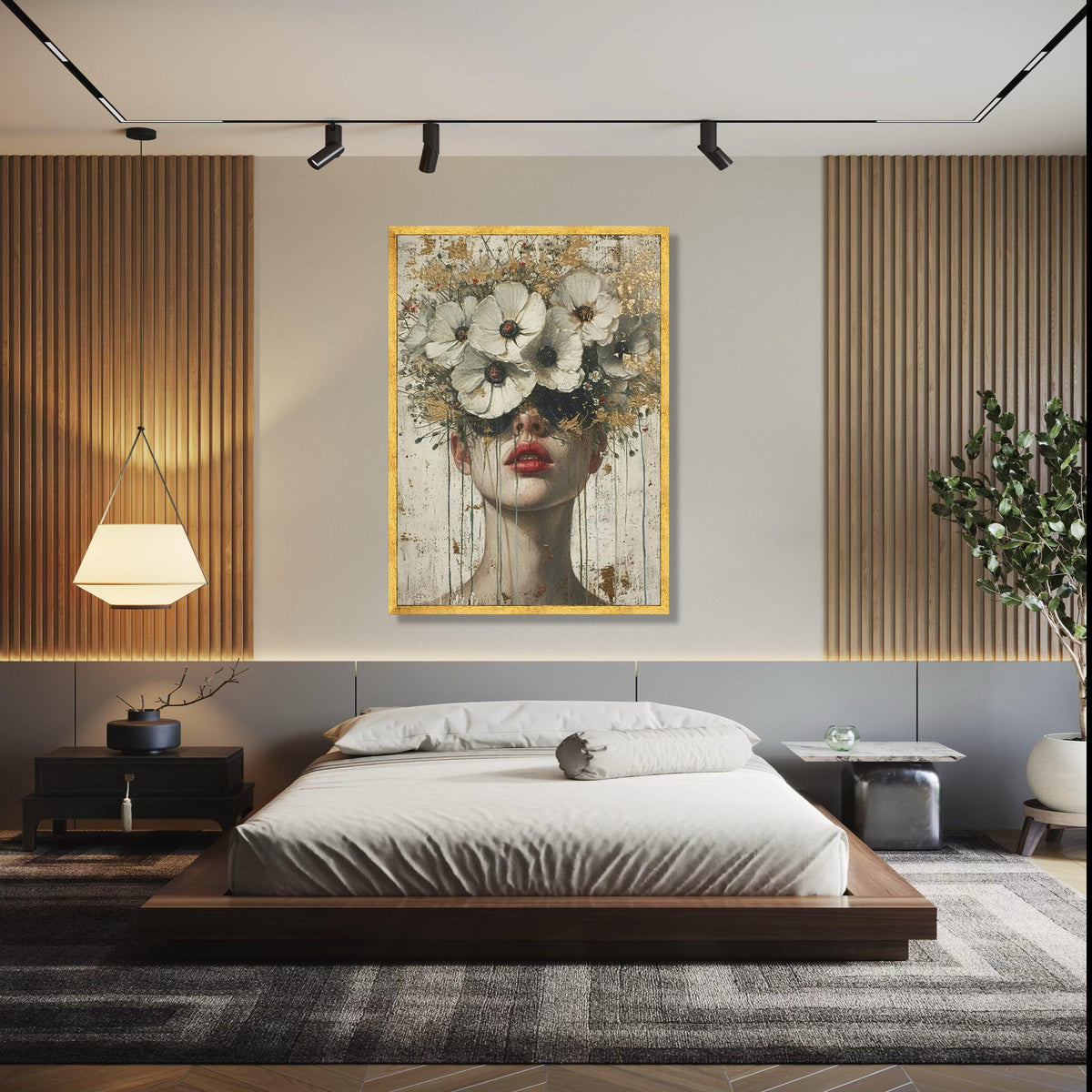 Abstract Woman Portrait Canvas, Floral Crown Wall Art, Contemporary Face Painting, Modern Decorative Canvas, Gift Art, Home Decor, Print