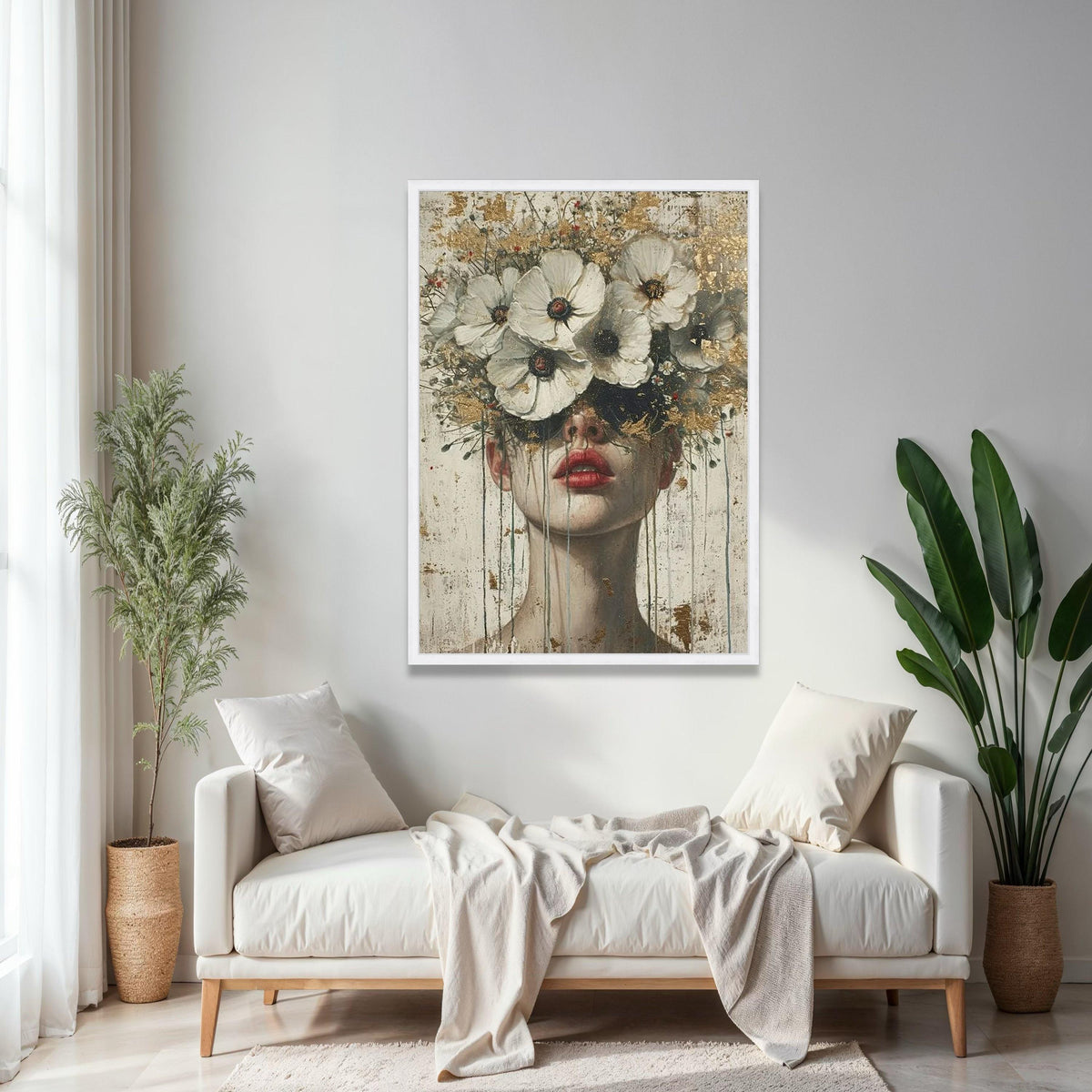 Abstract Woman Portrait Canvas, Floral Crown Wall Art, Contemporary Face Painting, Modern Decorative Canvas, Gift Art, Home Decor, Print
