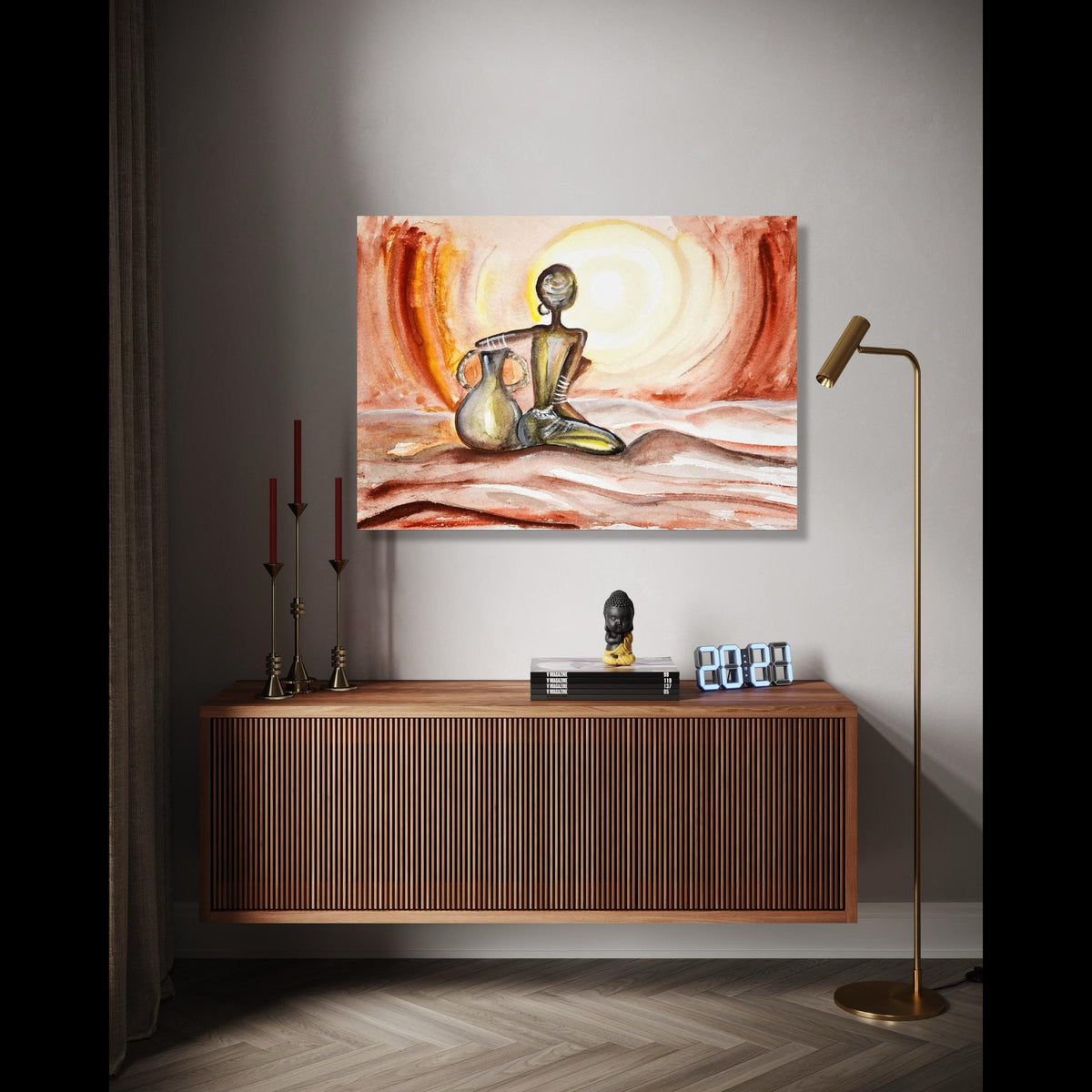 African Woman Silhouette Canvas, Ethnic Wall Art, Tribal Figure Painting, Warm Sunset Colors, Cultural Home Gift Art, Home Decor, Print