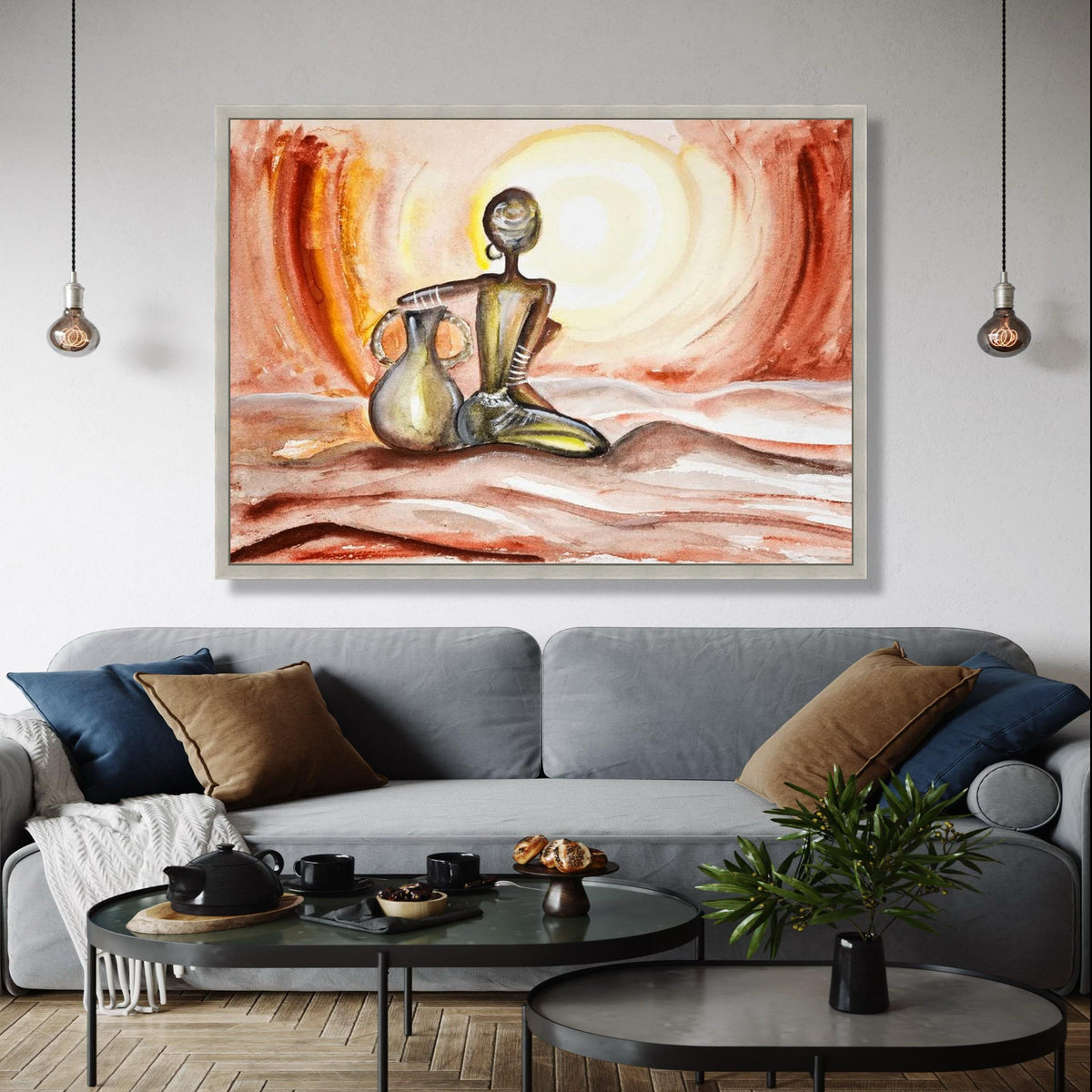 African Woman Silhouette Canvas, Ethnic Wall Art, Tribal Figure Painting, Warm Sunset Colors, Cultural Home Gift Art, Home Decor, Print