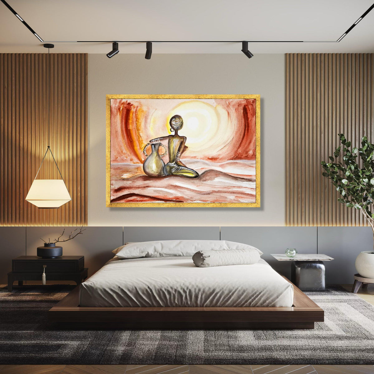 African Woman Silhouette Canvas, Ethnic Wall Art, Tribal Figure Painting, Warm Sunset Colors, Cultural Home Gift Art, Home Decor, Print