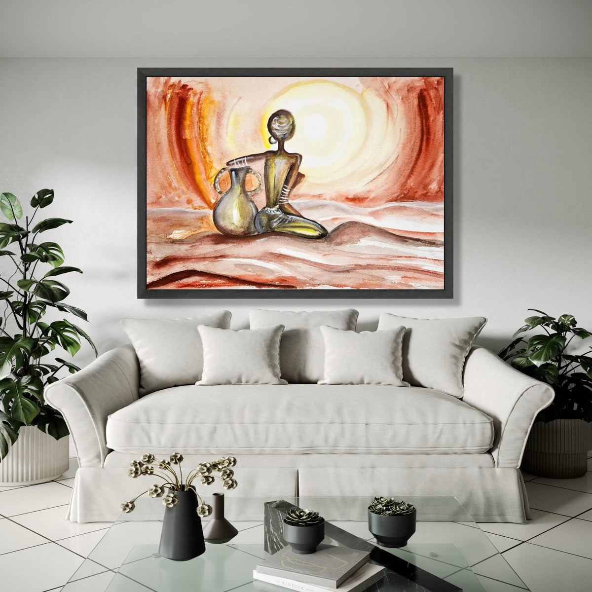 African Woman Silhouette Canvas, Ethnic Wall Art, Tribal Figure Painting, Warm Sunset Colors, Cultural Home Gift Art, Home Decor, Print
