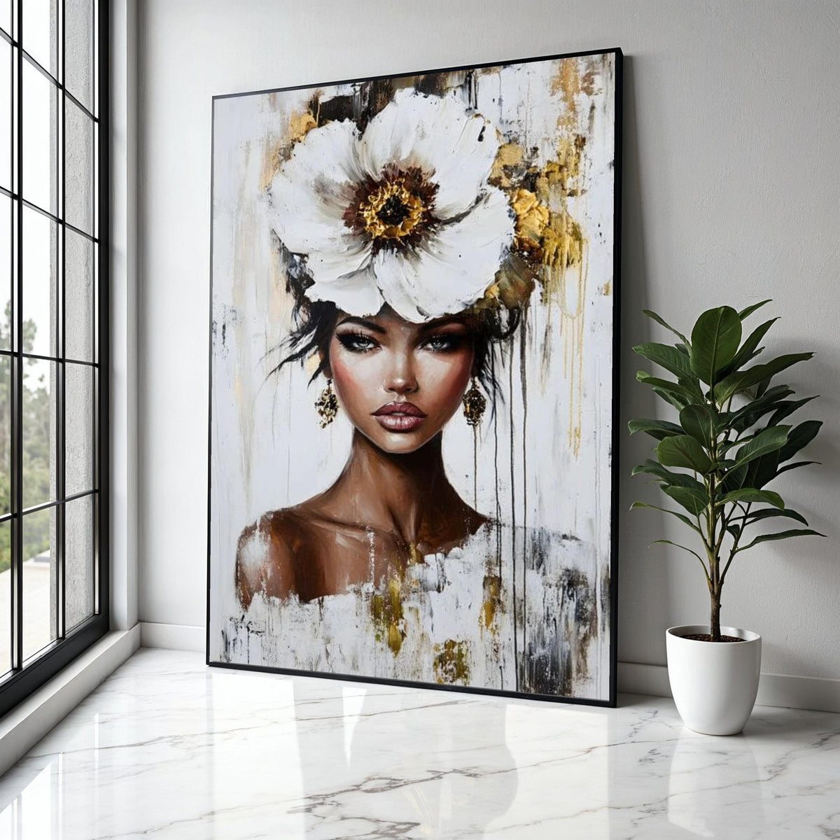 Elegant Woman Portrait Canvas, Floral Headpiece Wall Art, Modern Female Face Painting, Contemporary Canvas Gift Art, Home Decor, Print