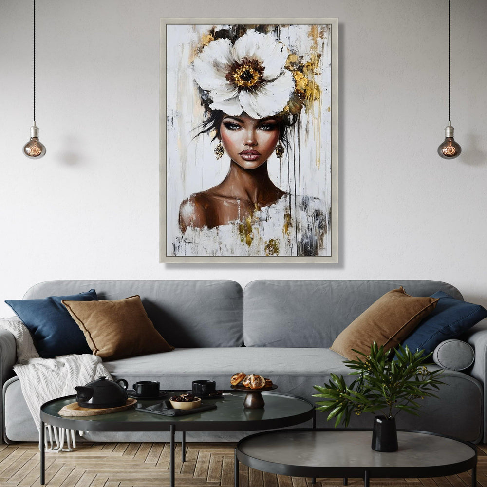 Elegant Woman Portrait Canvas, Floral Headpiece Wall Art, Modern Female Face Painting, Contemporary Canvas Gift Art, Home Decor, Print