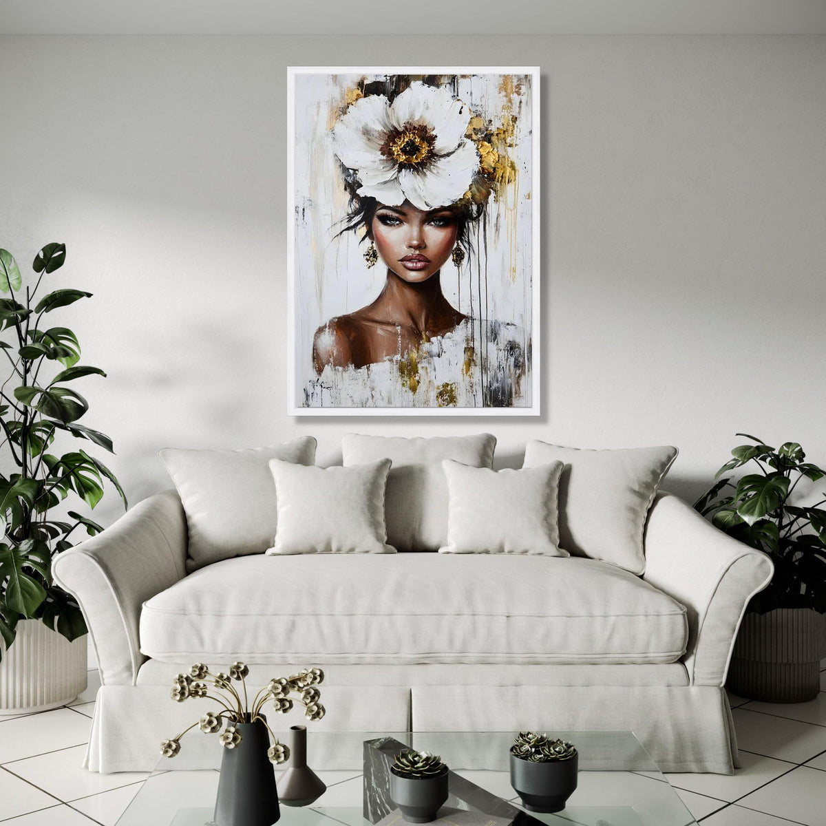 Elegant Woman Portrait Canvas, Floral Headpiece Wall Art, Modern Female Face Painting, Contemporary Canvas Gift Art, Home Decor, Print