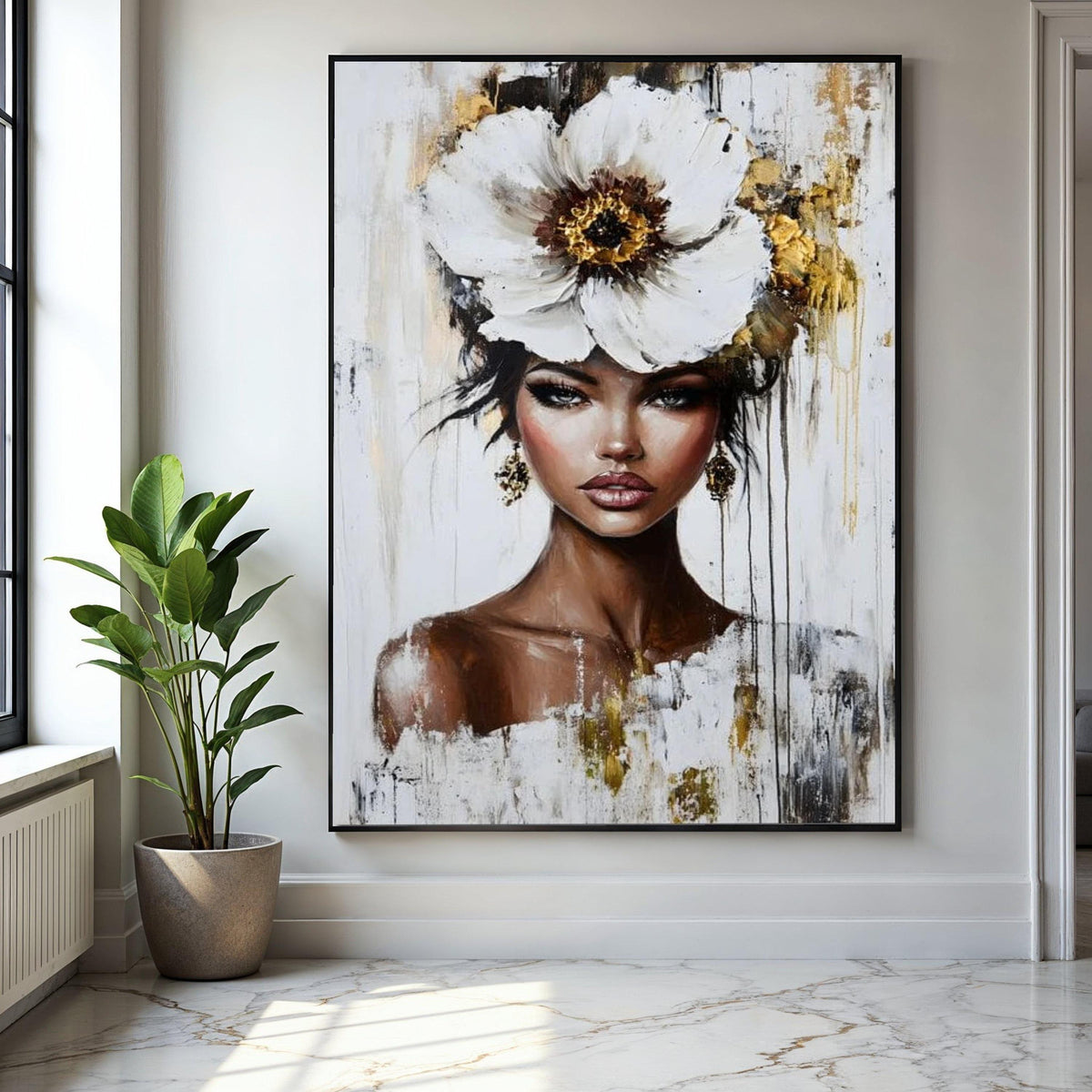 Elegant Woman Portrait Canvas, Floral Headpiece Wall Art, Modern Female Face Painting, Contemporary Canvas Gift Art, Home Decor, Print