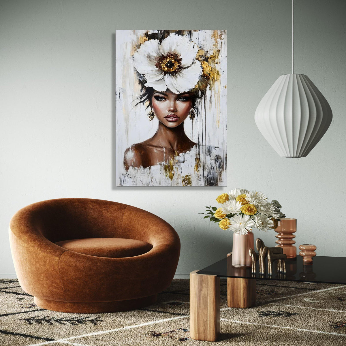 Elegant Woman Portrait Canvas, Floral Headpiece Wall Art, Modern Female Face Painting, Contemporary Canvas Gift Art, Home Decor, Print