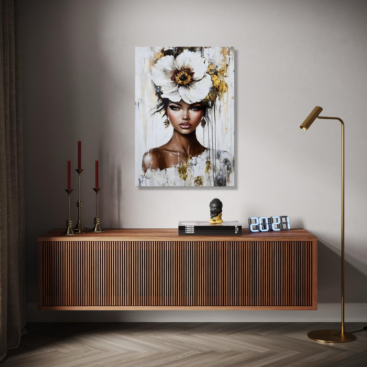 Elegant Woman Portrait Canvas, Floral Headpiece Wall Art, Modern Female Face Painting, Contemporary Canvas Gift Art, Home Decor, Print