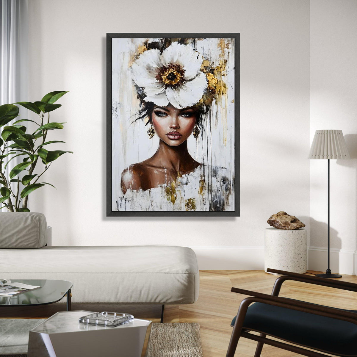 Elegant Woman Portrait Canvas, Floral Headpiece Wall Art, Modern Female Face Painting, Contemporary Canvas Gift Art, Home Decor, Print