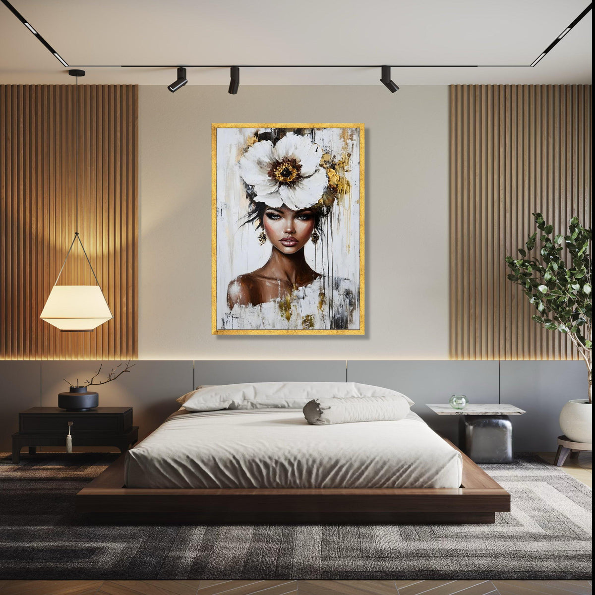 Elegant Woman Portrait Canvas, Floral Headpiece Wall Art, Modern Female Face Painting, Contemporary Canvas Gift Art, Home Decor, Print