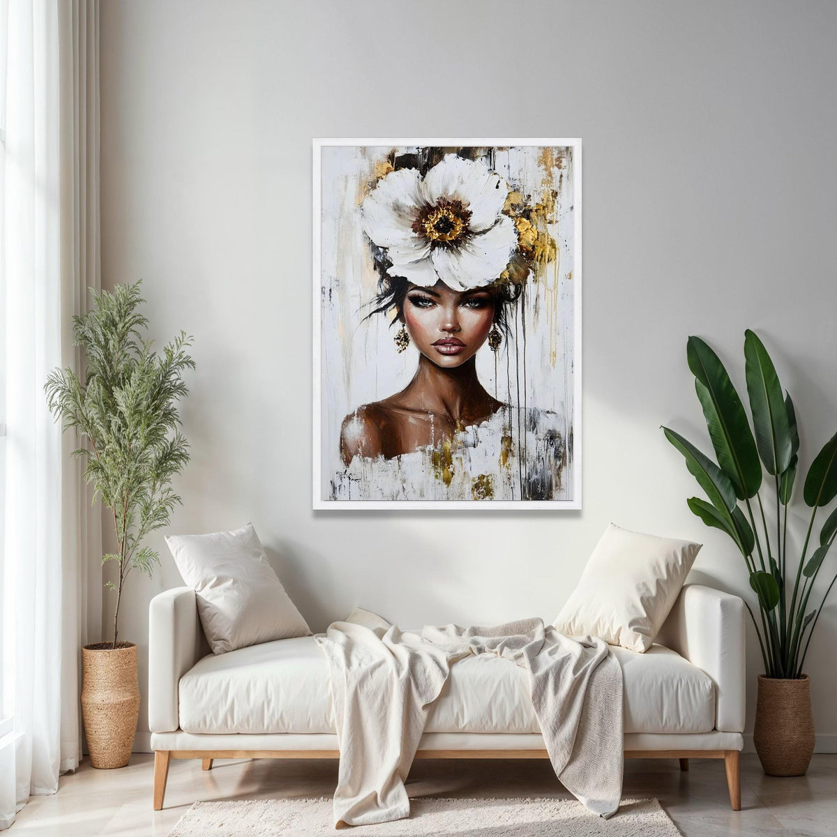 Elegant Woman Portrait Canvas, Floral Headpiece Wall Art, Modern Female Face Painting, Contemporary Canvas Gift Art, Home Decor, Print