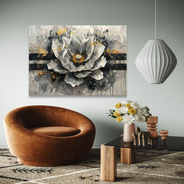 Elegant Monochrome Flower Canvas, Modern Floral Wall Art, Gold Accent Home Decor, Abstract Botanical Painting, Gift Art, Home Decor, Print